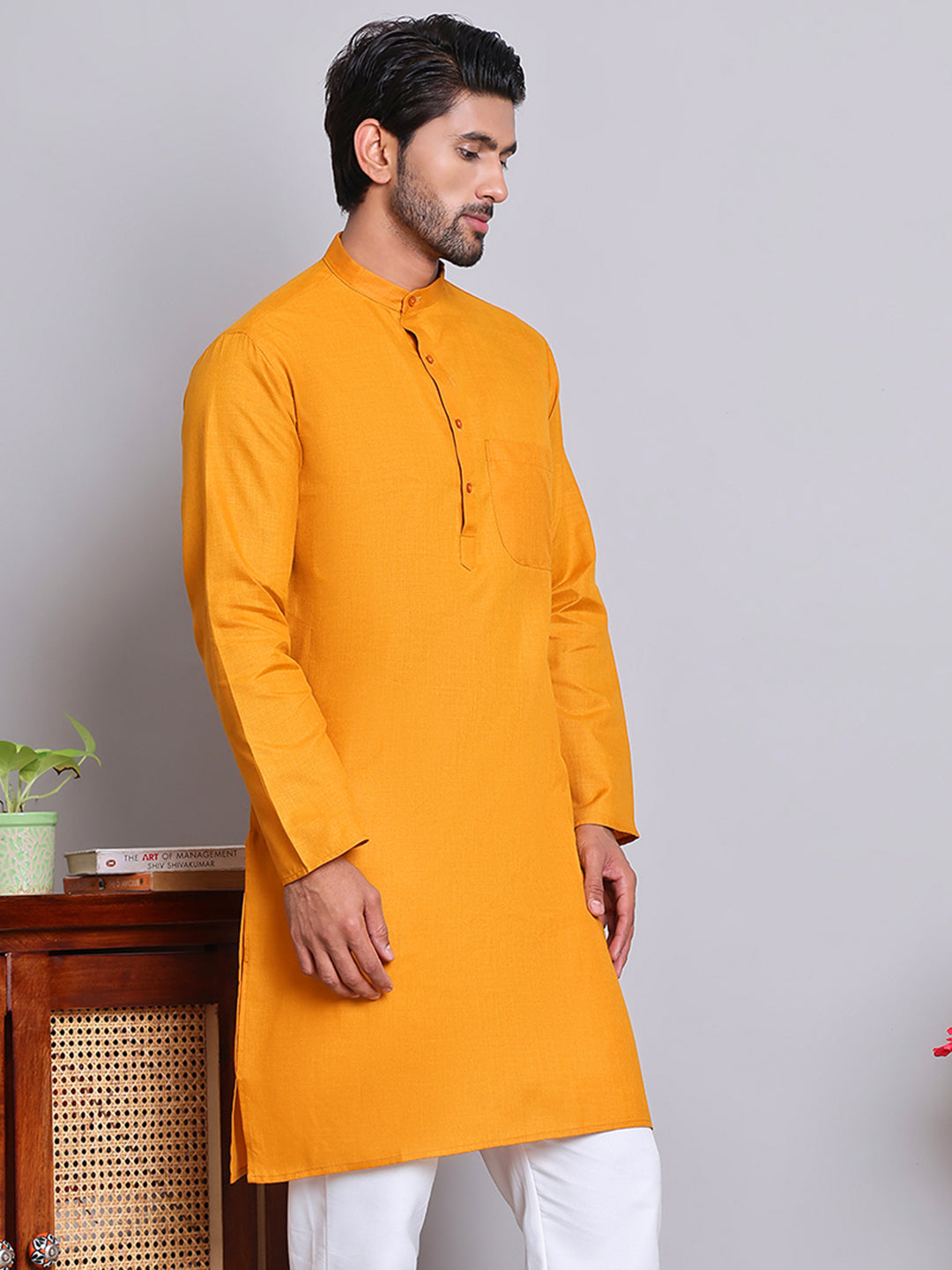 Men’s Cotton Blend Solid Kurta ( ANMKO 5144Mustard )