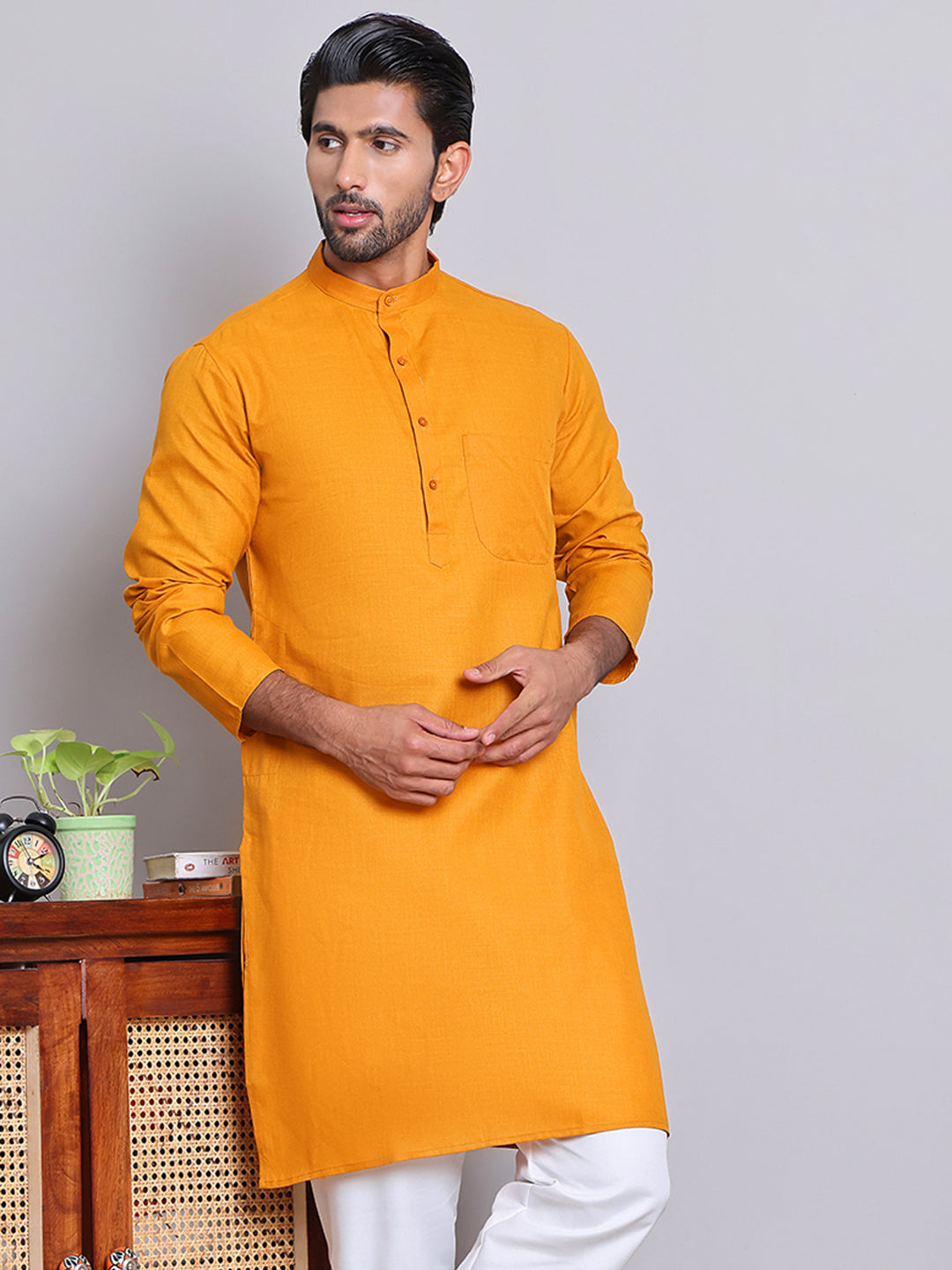 Men’s Cotton Blend Solid Kurta ( ANMKO 5144Mustard )