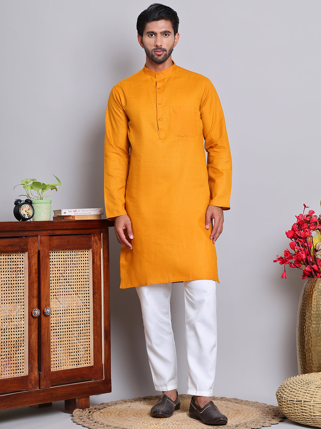 Men’s Cotton Blend Solid Kurta ( ANMKO 5144Mustard )