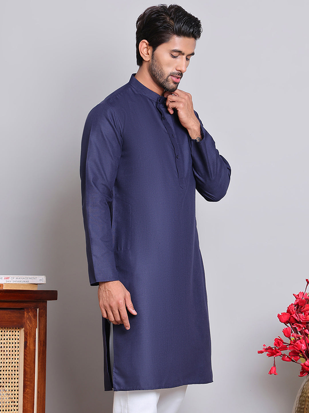 Men’s Cotton Blend Solid Kurta ( ANMKO 5144Navy )