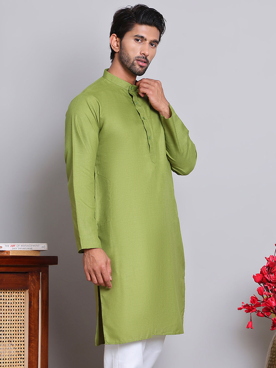 Men’s Cotton Blend Solid Kurta ( ANMKO 5144Olive )