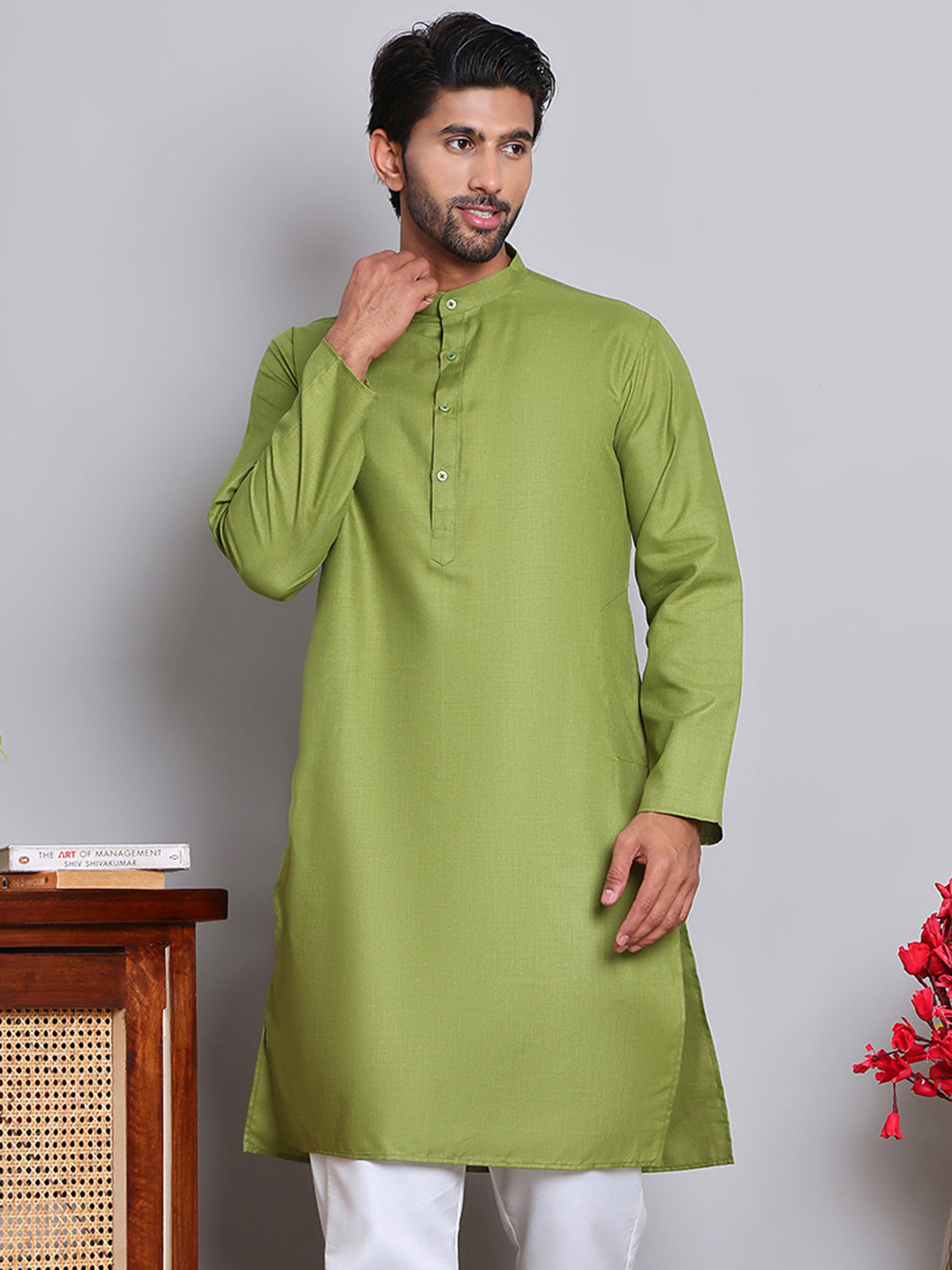 Men’s Cotton Blend Solid Kurta ( ANMKO 5144Olive )