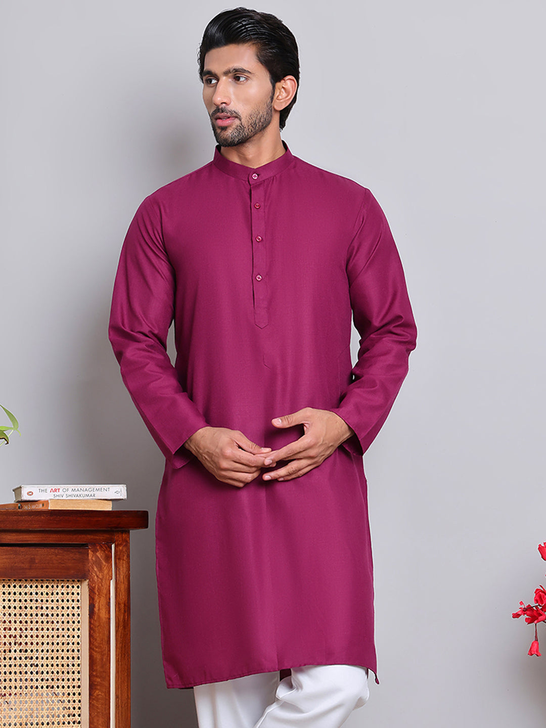 Solid Cotton Kurtas for Men ( KO 5144Pink )
