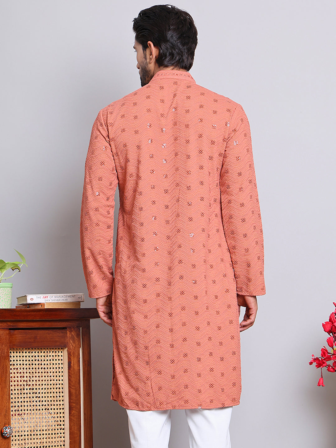 Men's Embroidered and Sequence Kurtas ( KO 5145Peach )
