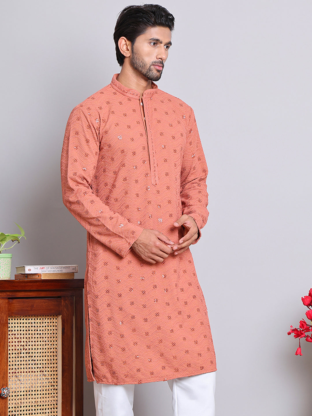 Men's Embroidered and Sequence Kurtas ( KO 5145Peach )