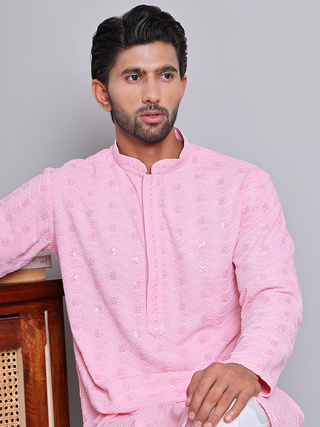 Men's Embroidered and Sequence Kurtas ( KO 5145Pink )