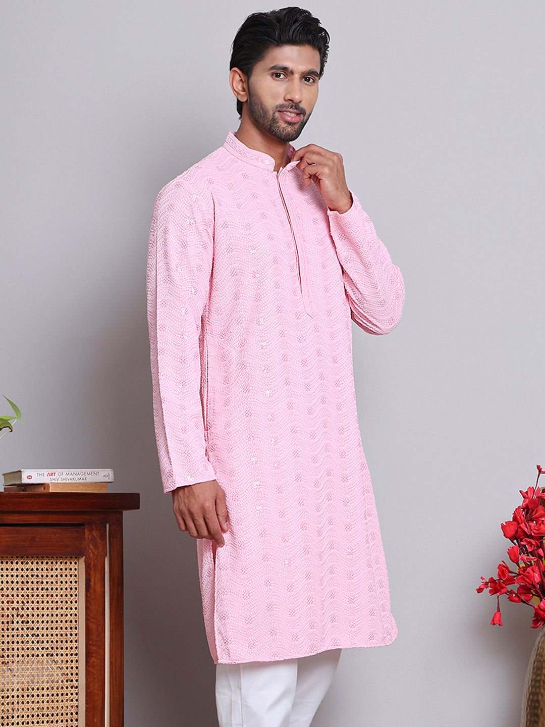 Men's Embroidered and Sequence Kurtas ( KO 5145Pink )