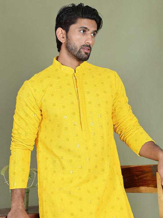 Men's Embroidered and Sequence Kurtas. ( ko 5145Yellow )