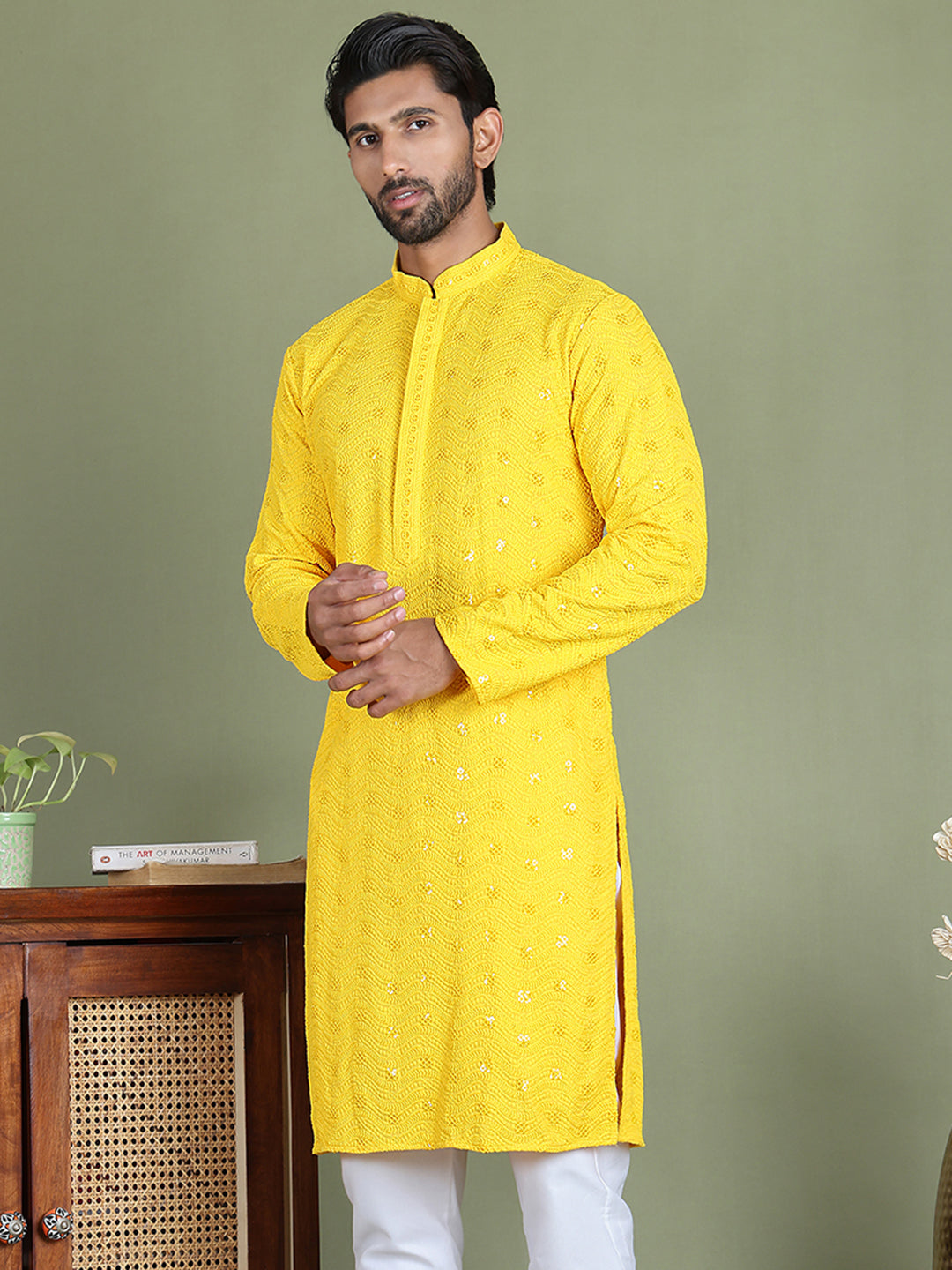 Men's Embroidered and Sequence Kurtas. ( ko 5145Yellow )