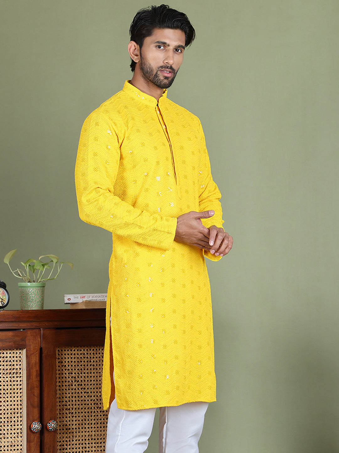 Men's Embroidered and Sequence Kurtas. ( ko 5145Yellow )