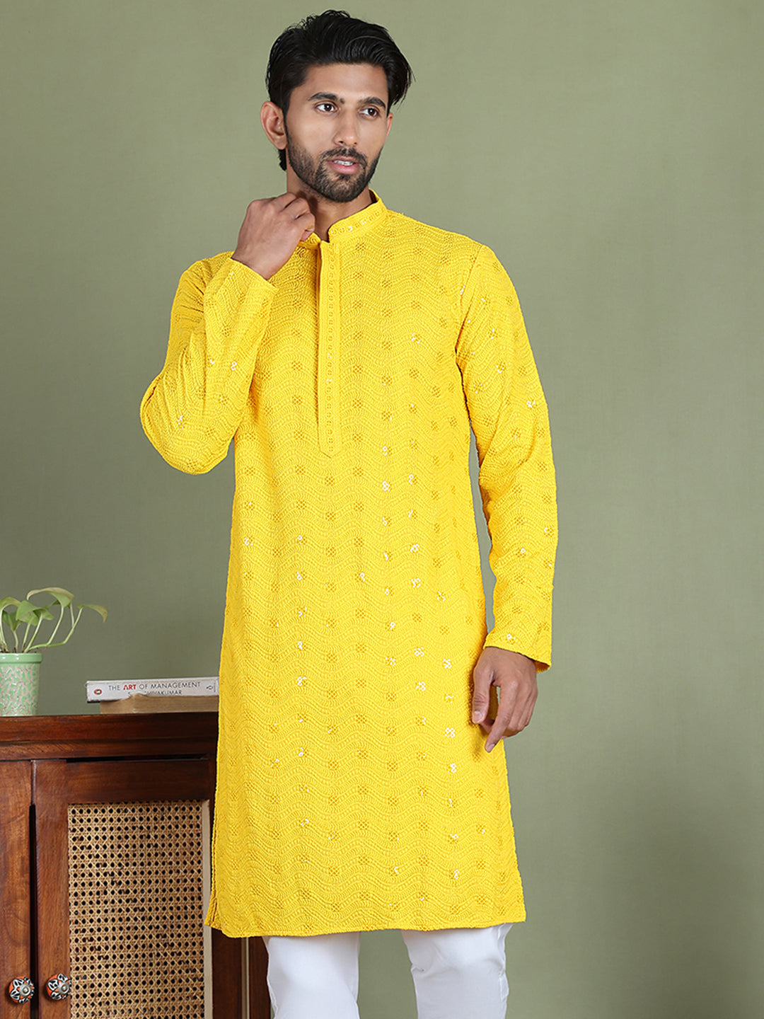 Men's Embroidered and Sequence Kurtas. ( ko 5145Yellow )