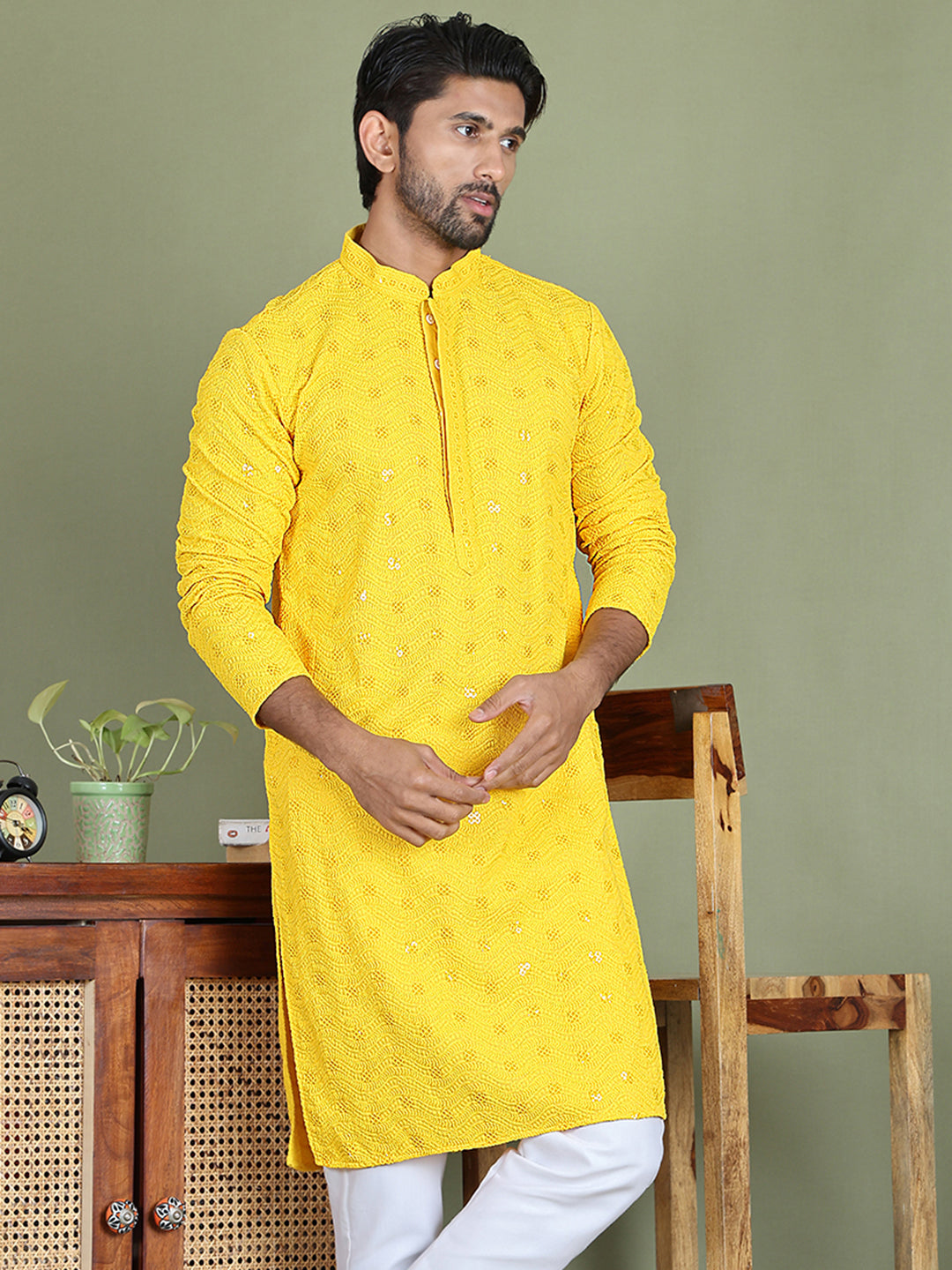 Men's Embroidered and Sequence Kurtas. ( ko 5145Yellow )