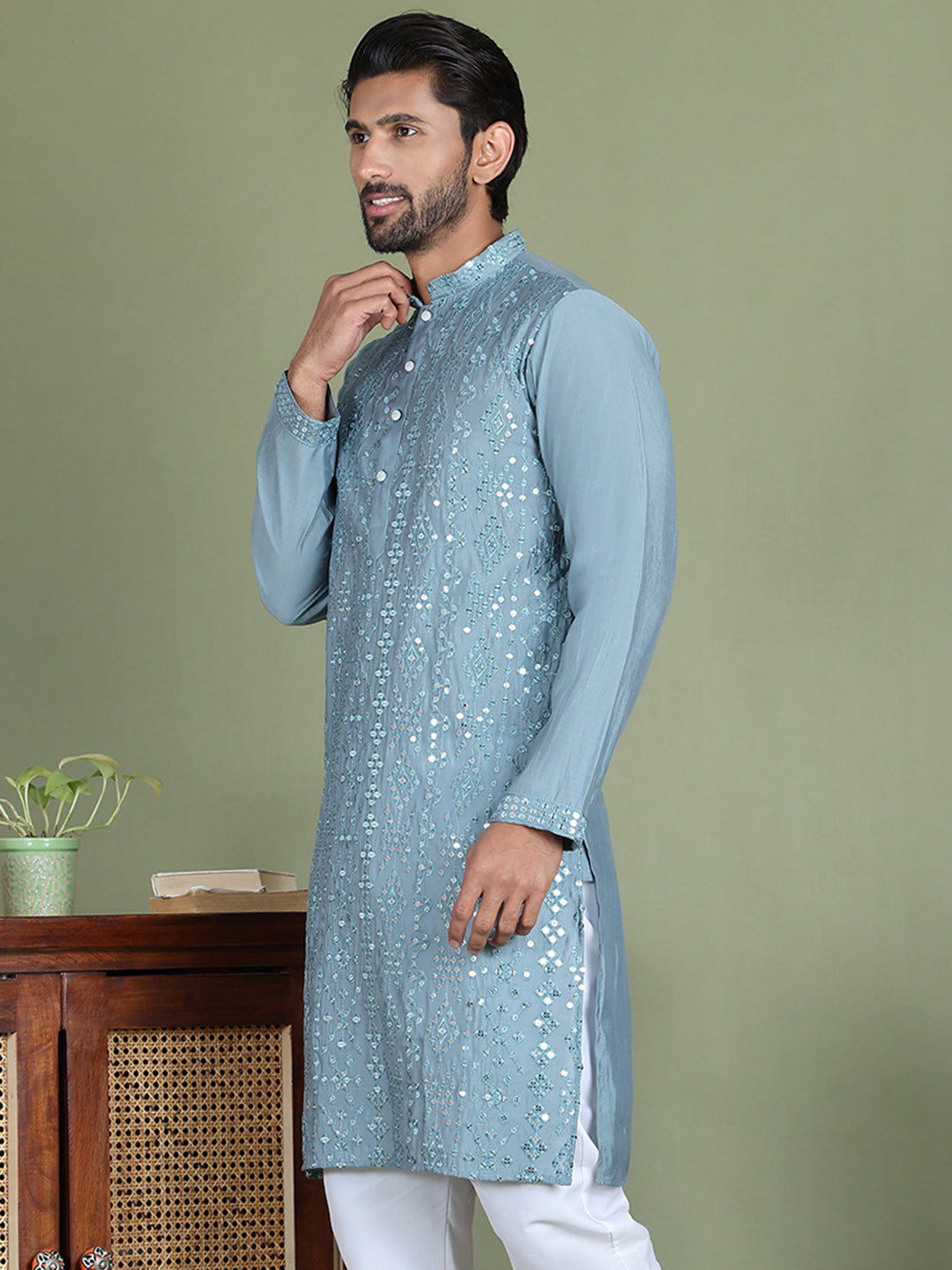 Embroidered and Mirror Work Kurtas for Men ( ko 5149Blue )