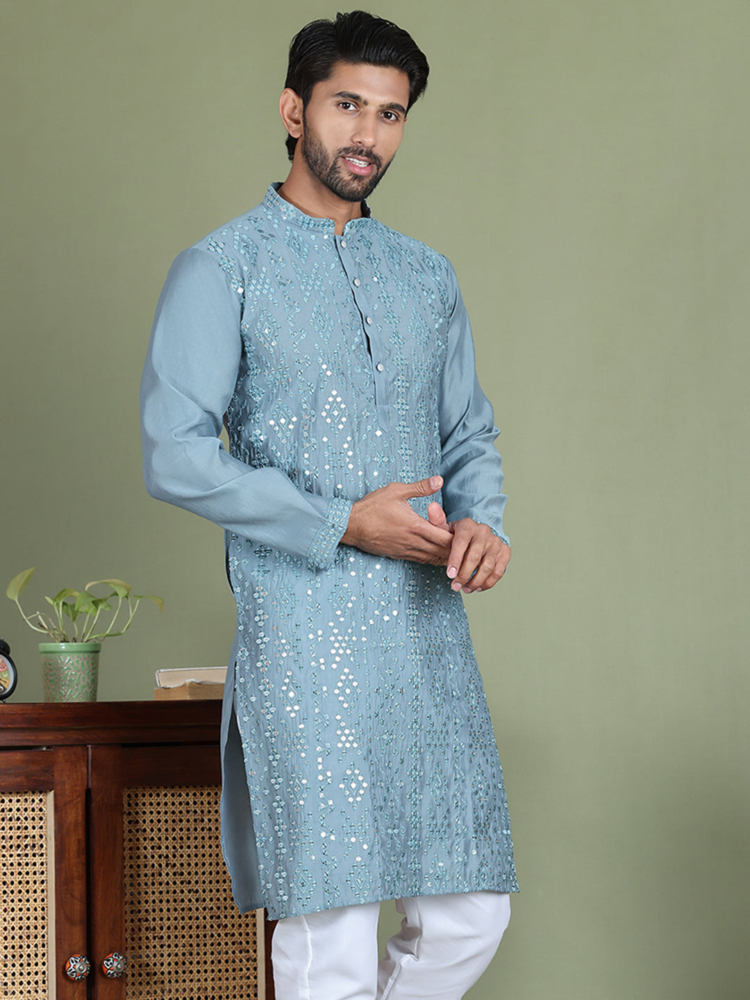 Embroidered and Mirror Work Kurtas for Men ( ko 5149Blue )