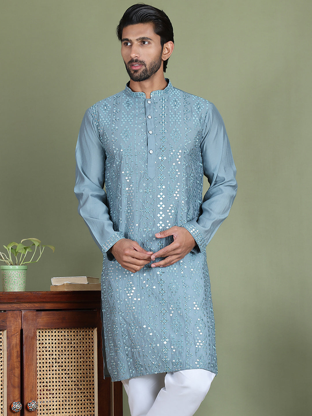 Embroidered and Mirror Work Kurtas for Men ( ko 5149Blue )