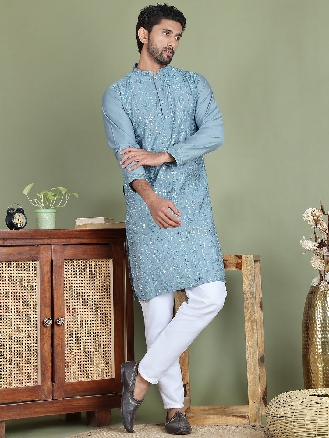 Embroidered and Mirror Work Kurtas for Men ( ko 5149Blue )
