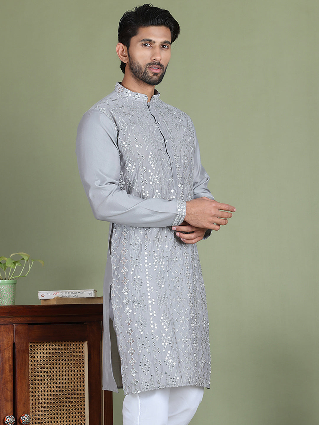 Embroidered and Mirror Work Kurtas for Men ( ko 5149Grey )