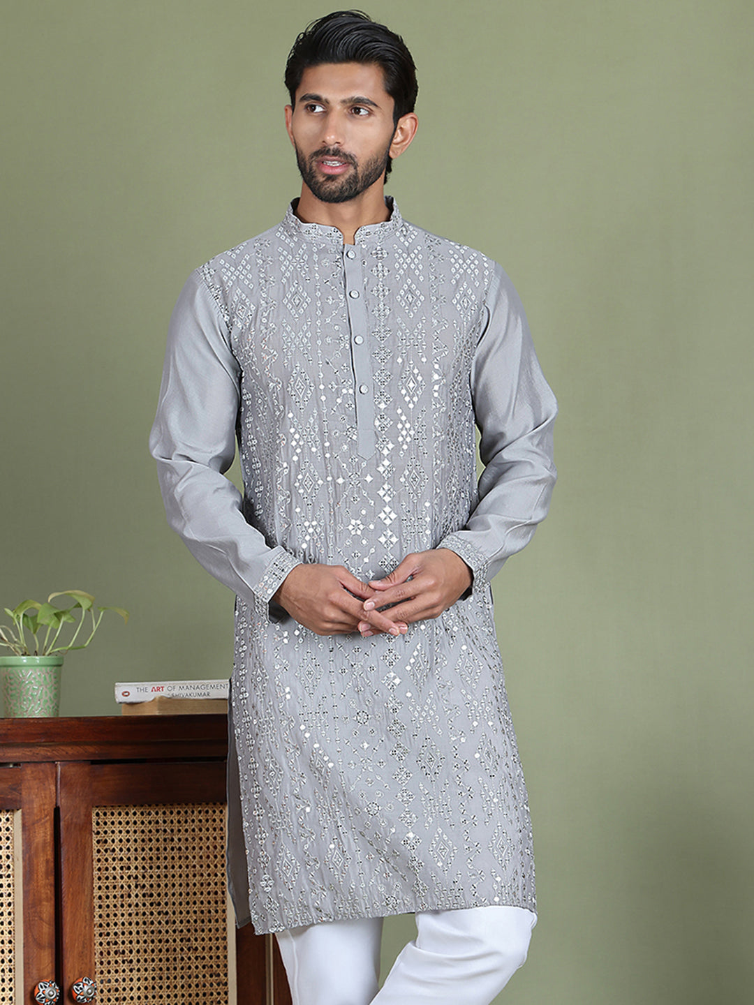 Embroidered and Mirror Work Kurtas for Men ( ko 5149Grey )