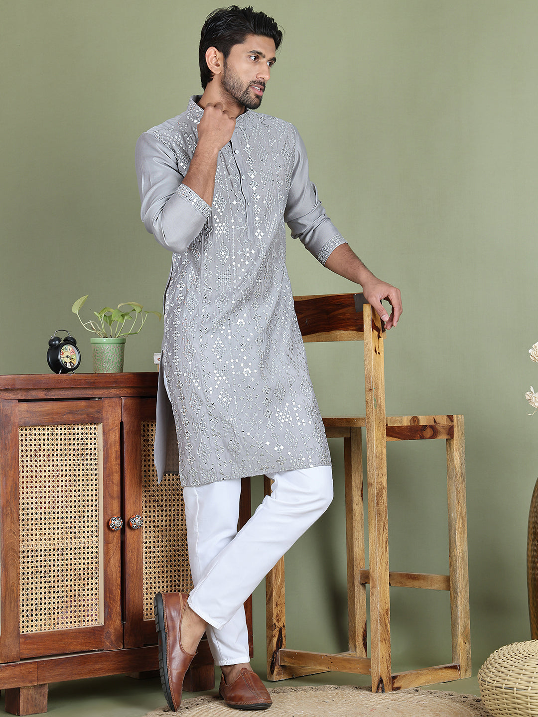 Embroidered and Mirror Work Kurtas for Men ( ko 5149Grey )