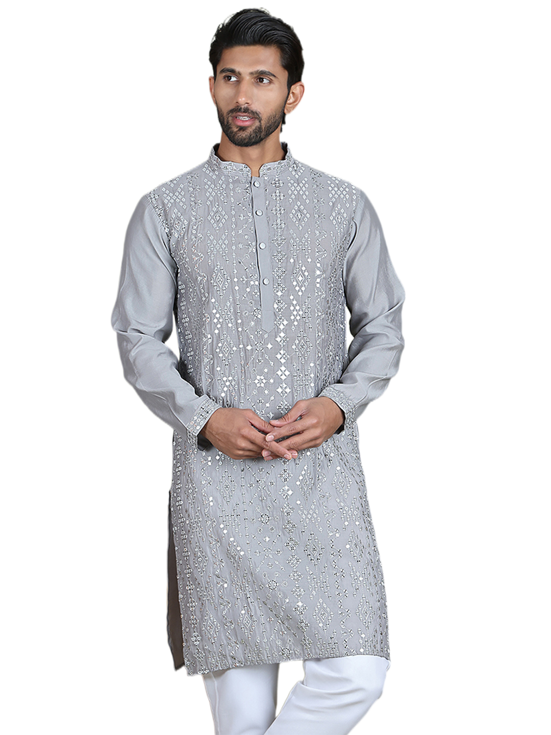 Embroidered and Mirror Work Kurtas for Men ( ko 5149Grey )