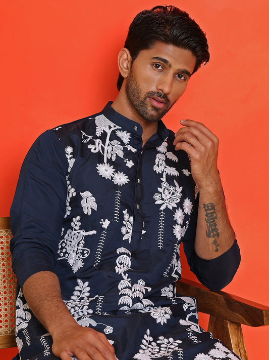 Embroidered Straight Kurtas for Men ( KO 5150 Navy )