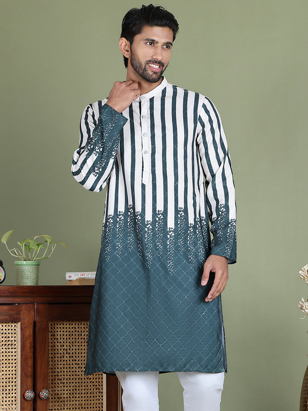 Striped Kurtas For Men ( ko 5152Teal )