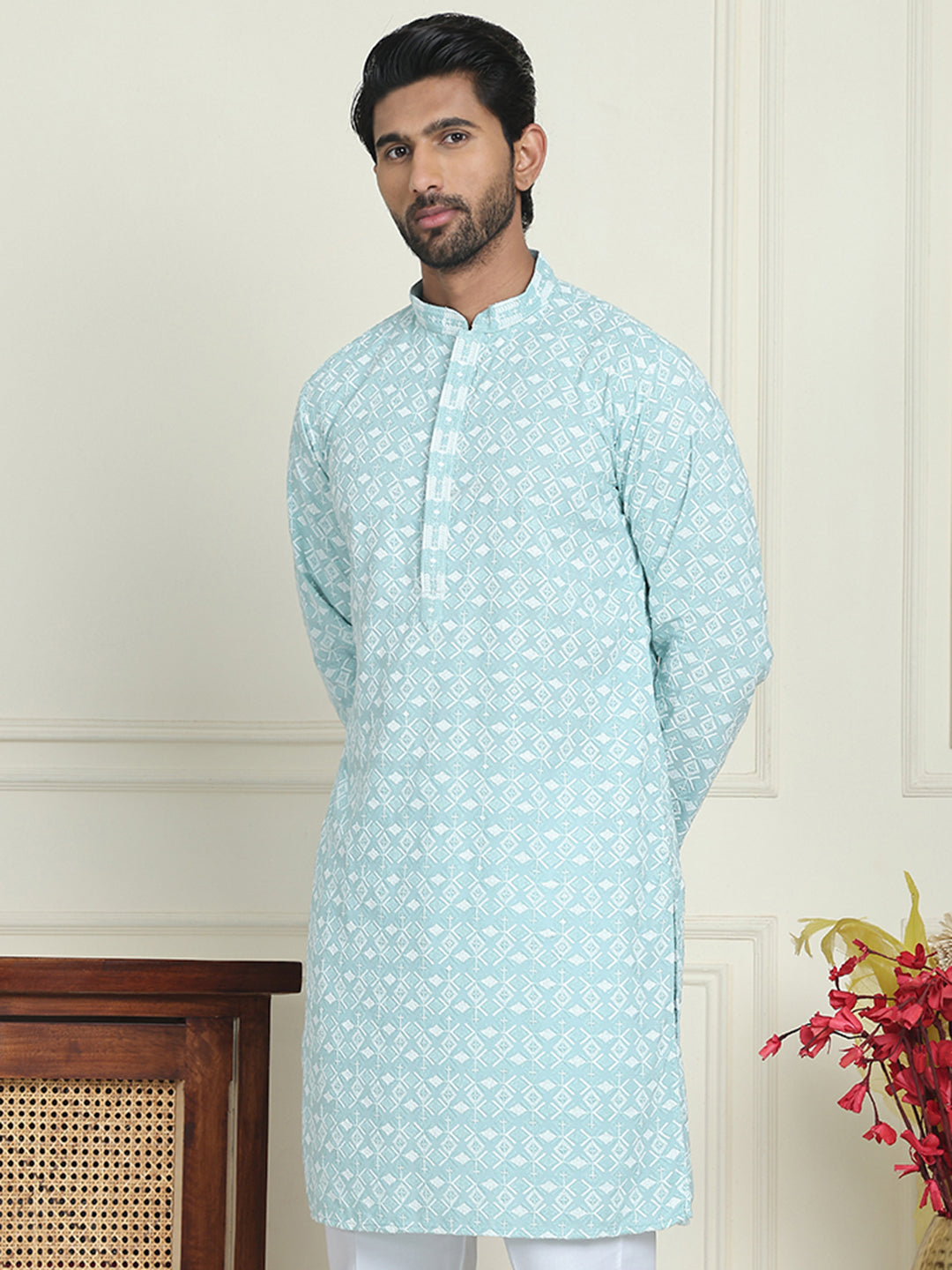 Embroidered and Sequins straight Kurtas for Men ( KO 5157 Blue )