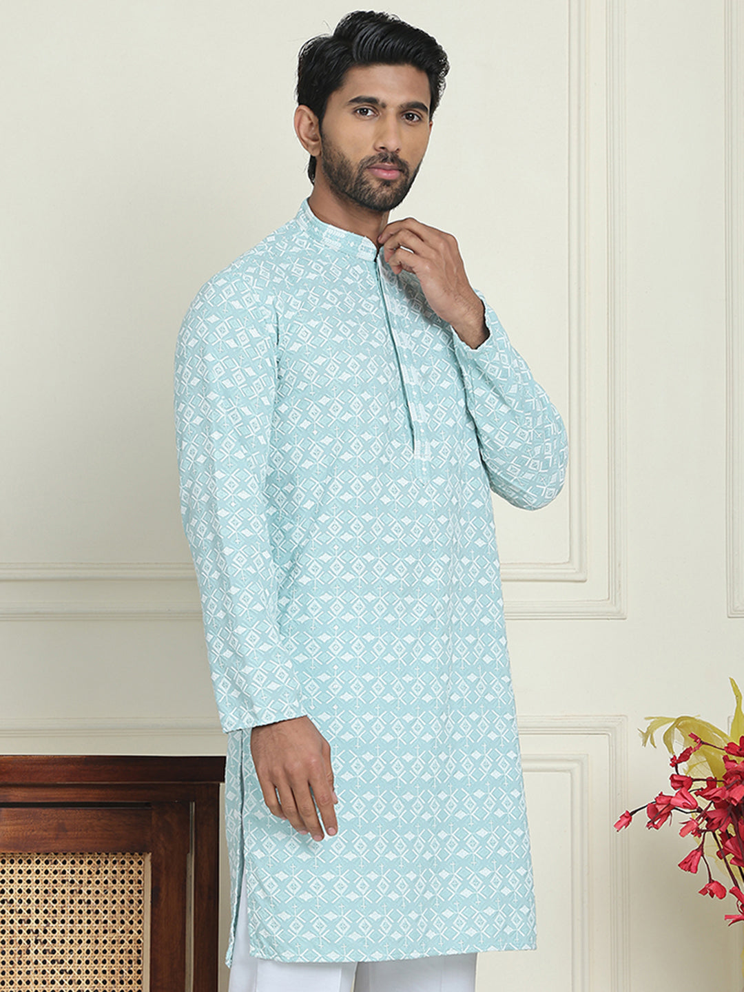 Embroidered and Sequins straight Kurtas for Men ( KO 5157 Blue )