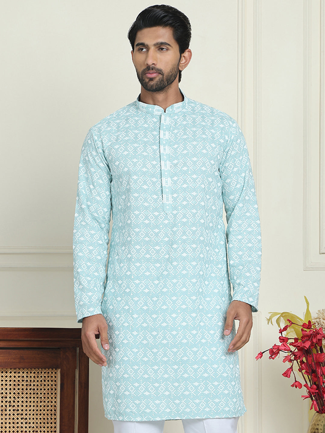 Embroidered and Sequins straight Kurtas for Men ( KO 5157 Blue )