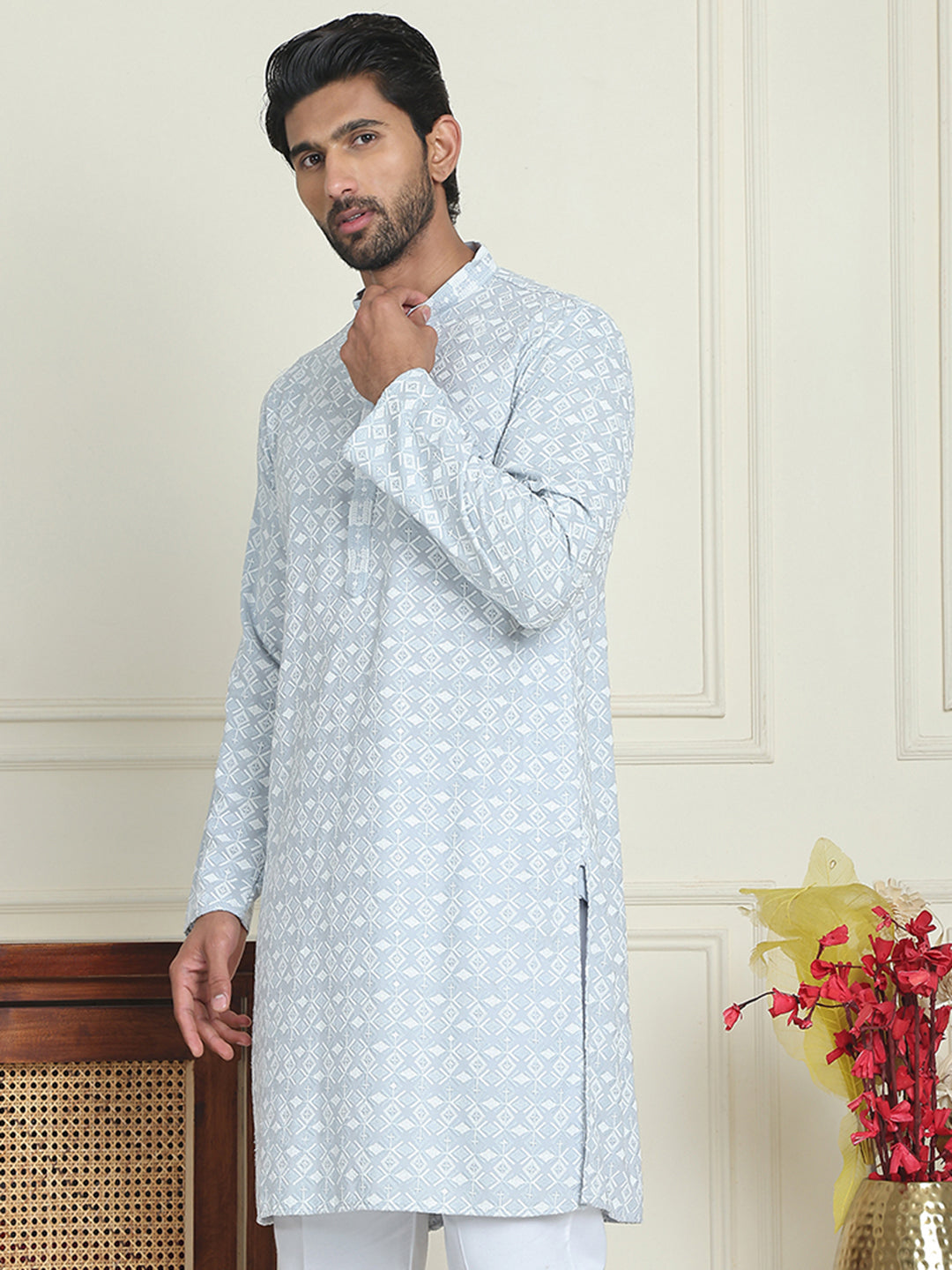 Embroidered and Sequins straight Kurtas for Men ( KO 5157 Grey )