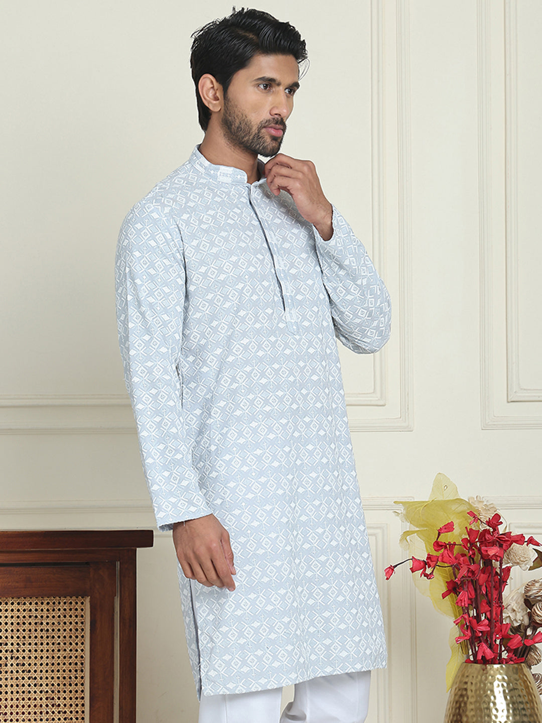 Embroidered and Sequins straight Kurtas for Men ( KO 5157 Grey )