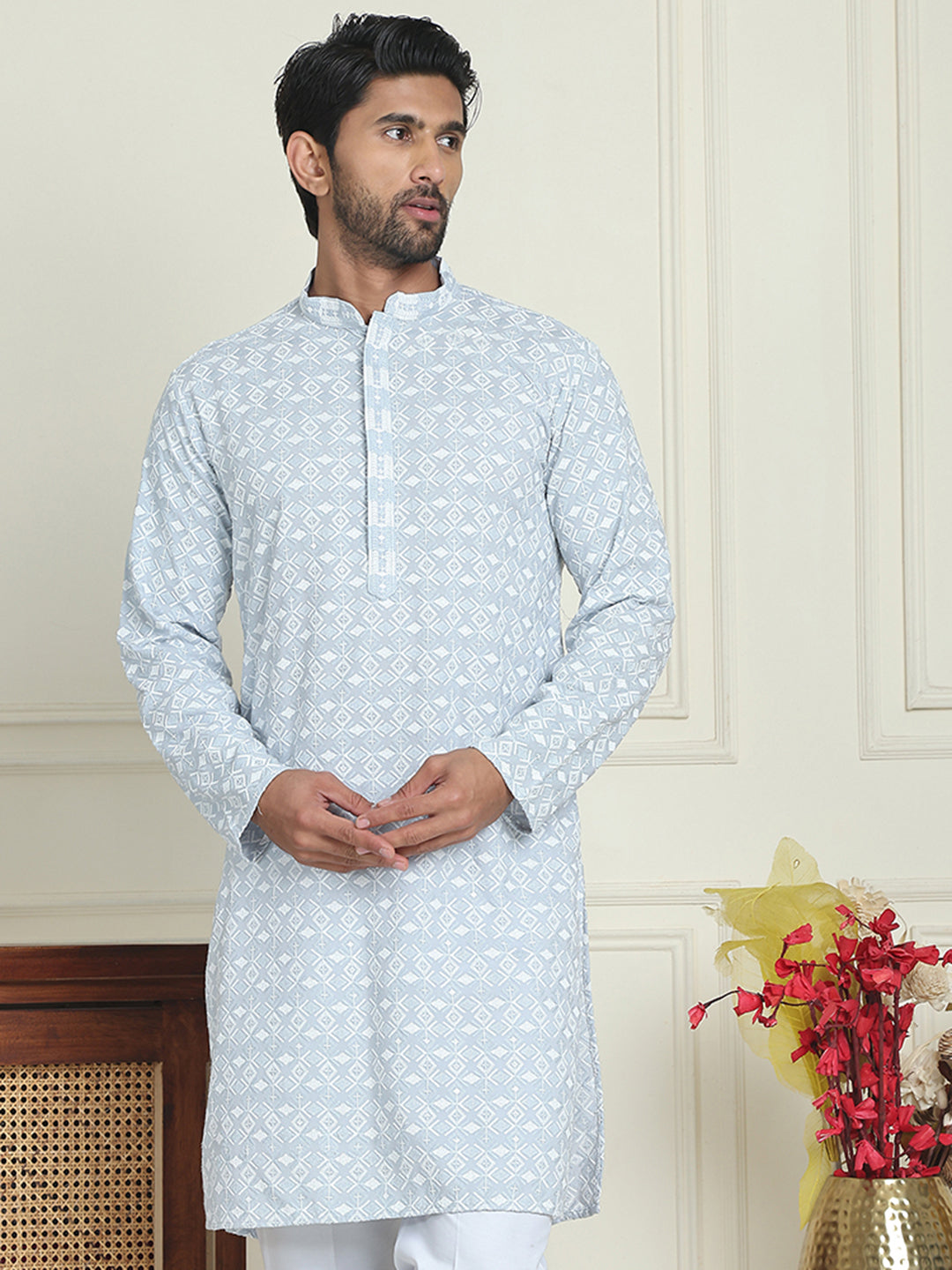 Embroidered and Sequins straight Kurtas for Men ( KO 5157 Grey )