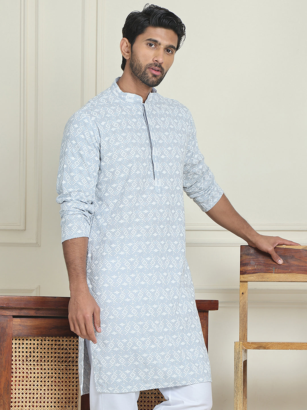 Embroidered and Sequins straight Kurtas for Men ( KO 5157 Grey )
