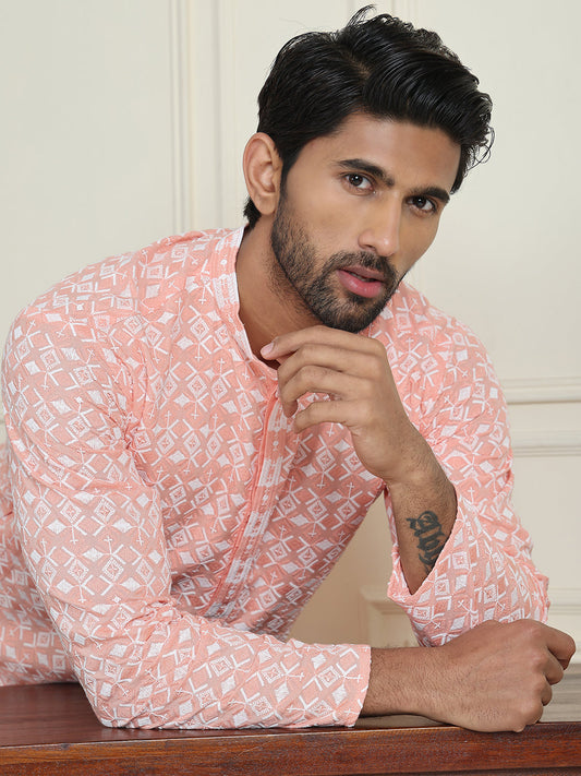 Embroidered and Sequins straight Kurtas for Men ( KO 5157 Peach )