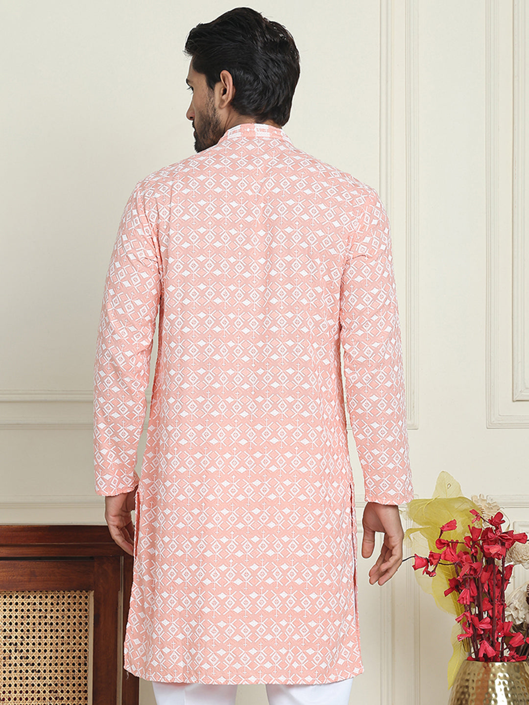 Embroidered and Sequins straight Kurtas for Men ( KO 5157 Peach )