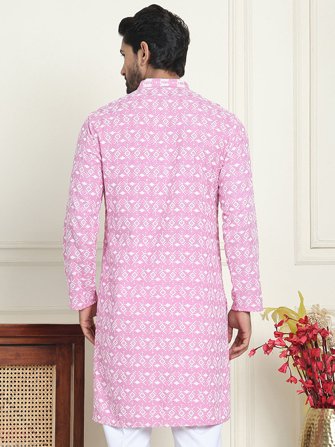 Embroidered and Sequins straight Kurtas for Men ( KO 5157 Pink )