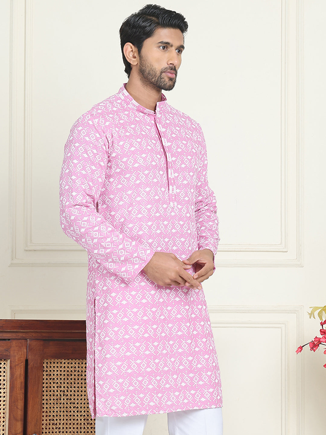 Embroidered and Sequins straight Kurtas for Men ( KO 5157 Pink )