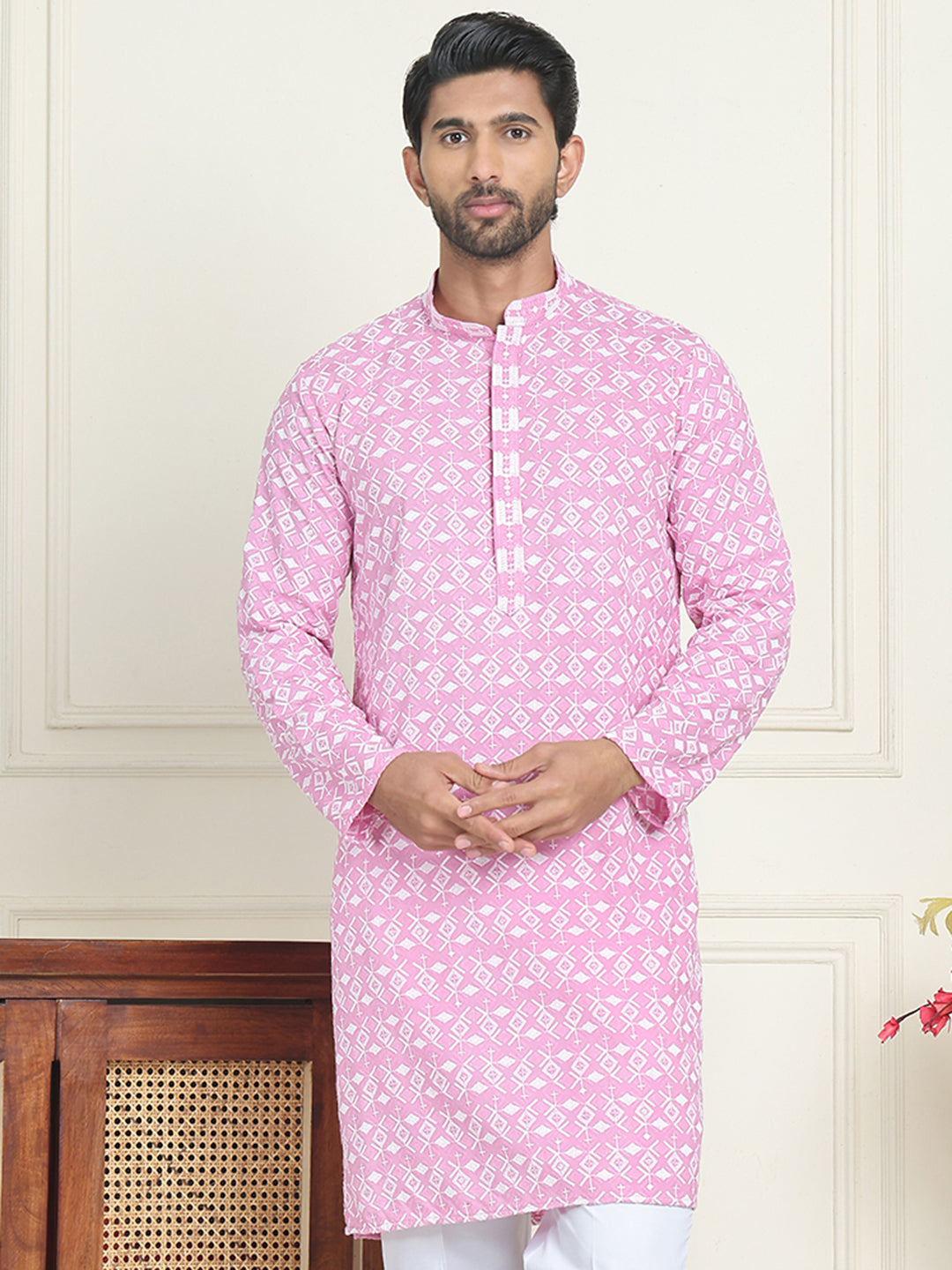Embroidered and Sequins straight Kurtas for Men ( KO 5157 Pink )