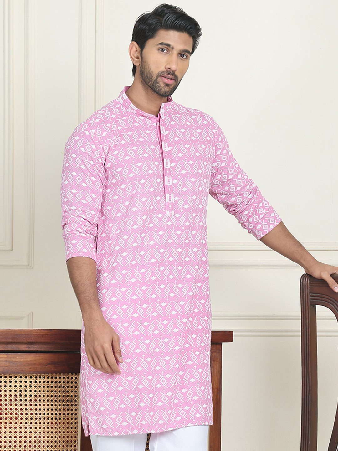 Embroidered and Sequins straight Kurtas for Men ( KO 5157 Pink )