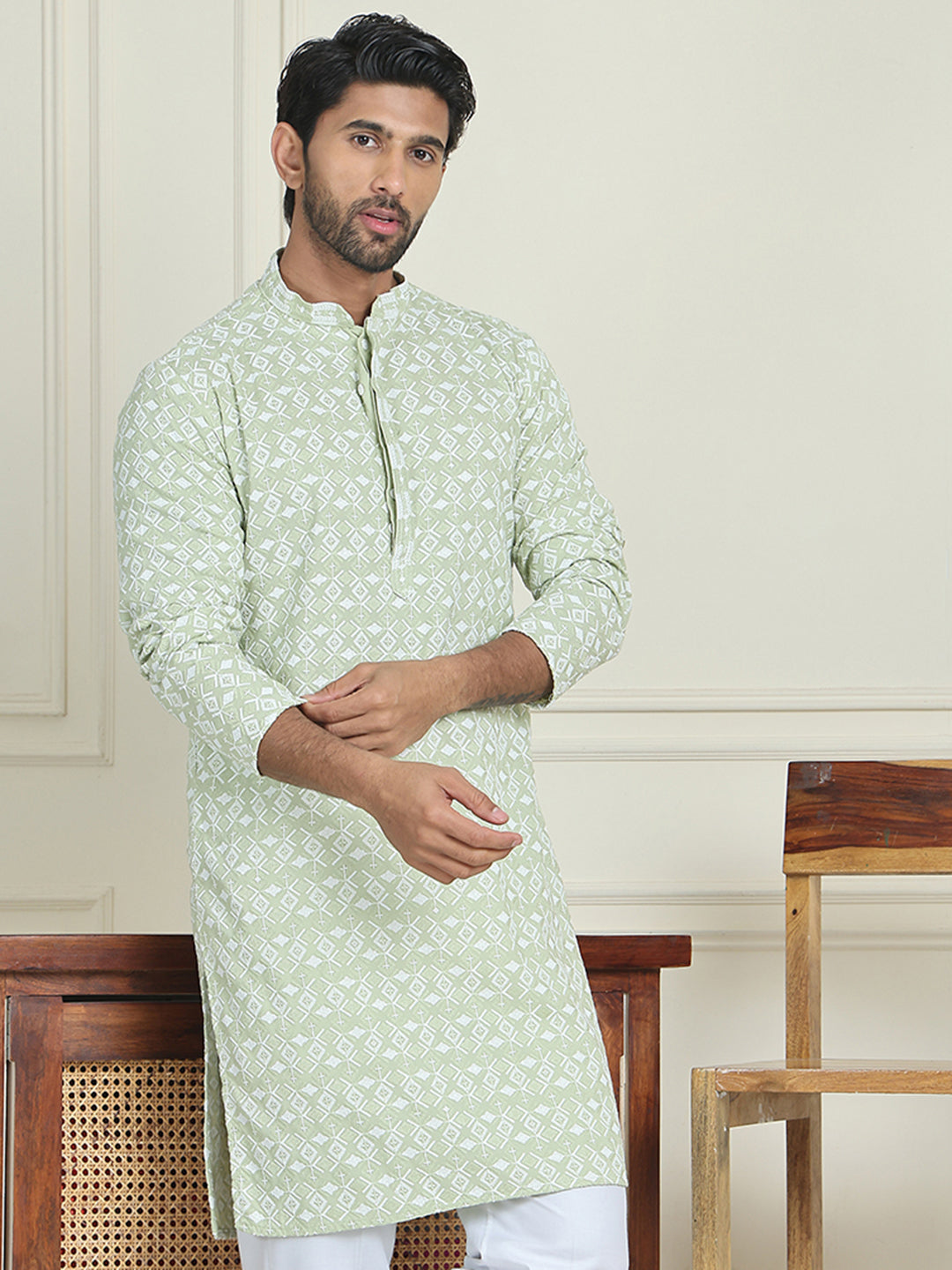 Embroidered and Sequins straight Kurtas for Men ( KO 5157 Pista )