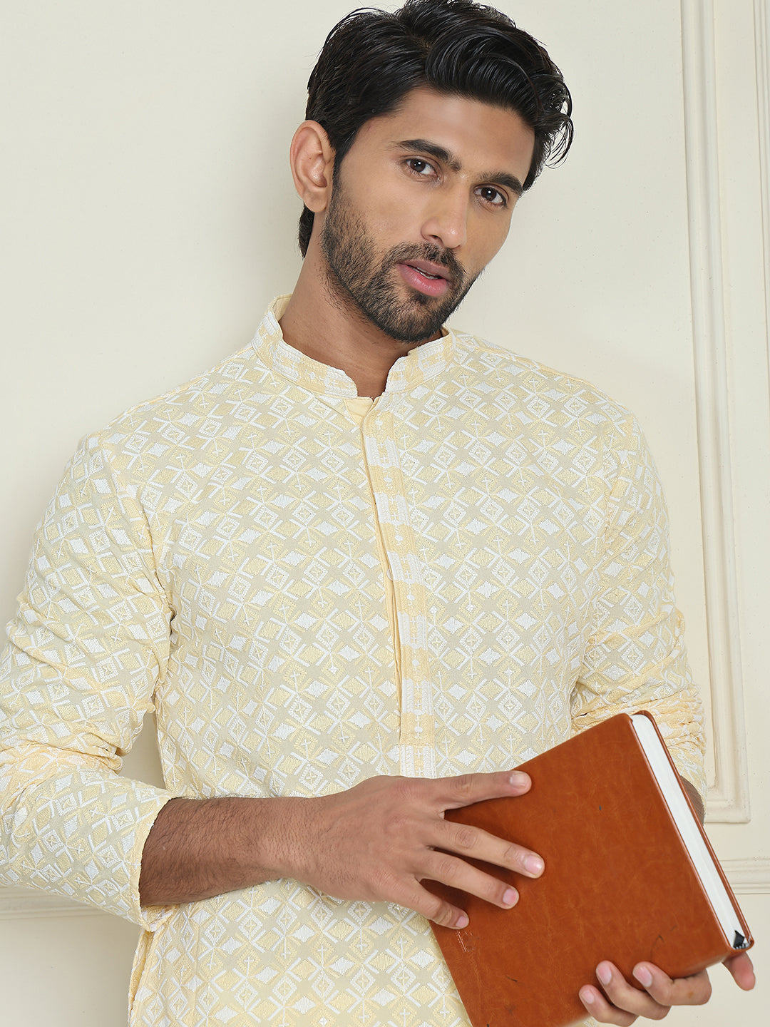 Embroidered and Sequins straight Kurtas for Men ( KO 5157 Yellow )