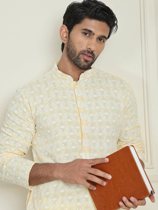 Embroidered and Sequins straight Kurtas for Men ( KO 5157 Yellow )