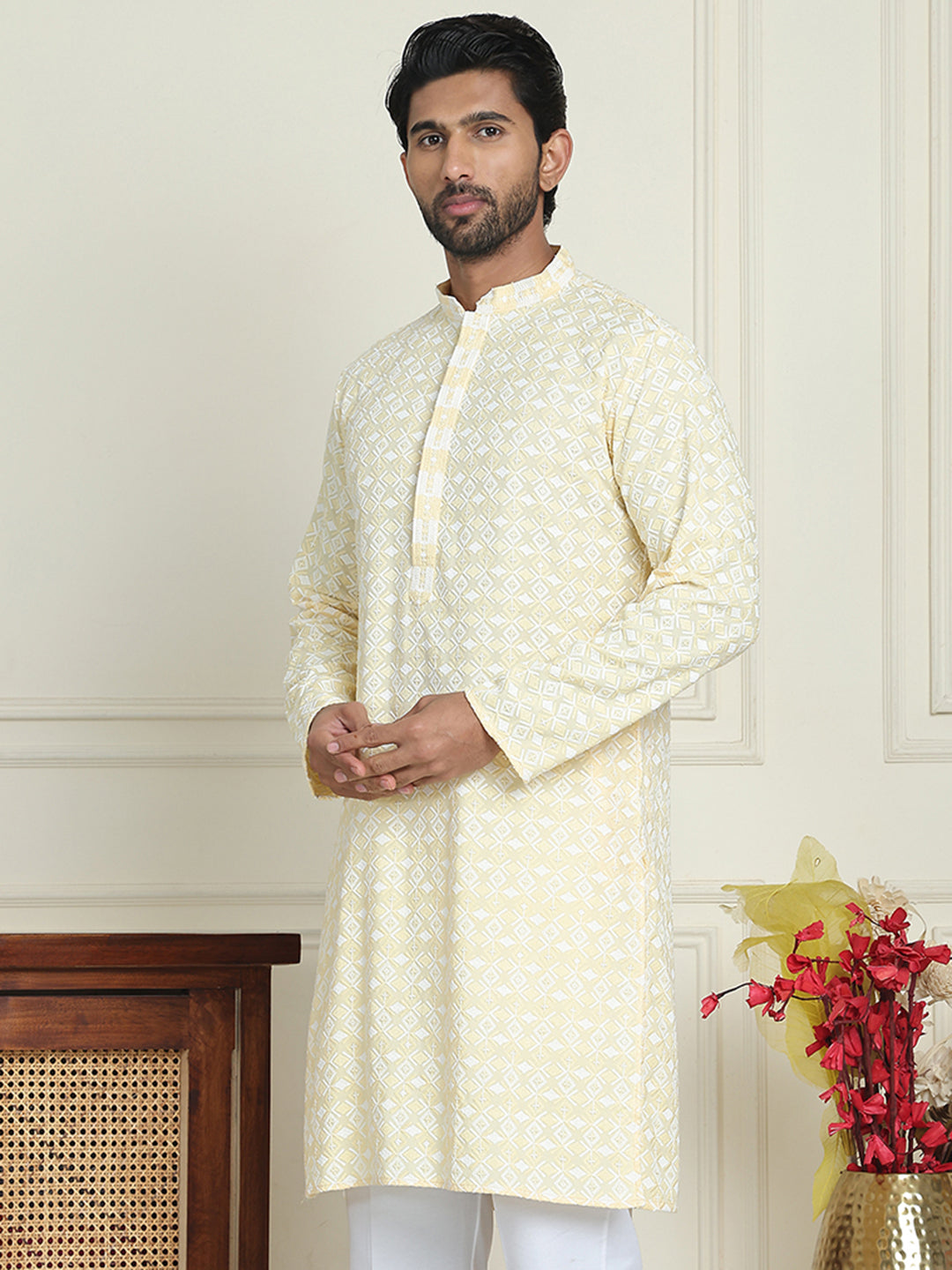 Embroidered and Sequins straight Kurtas for Men ( KO 5157 Yellow )