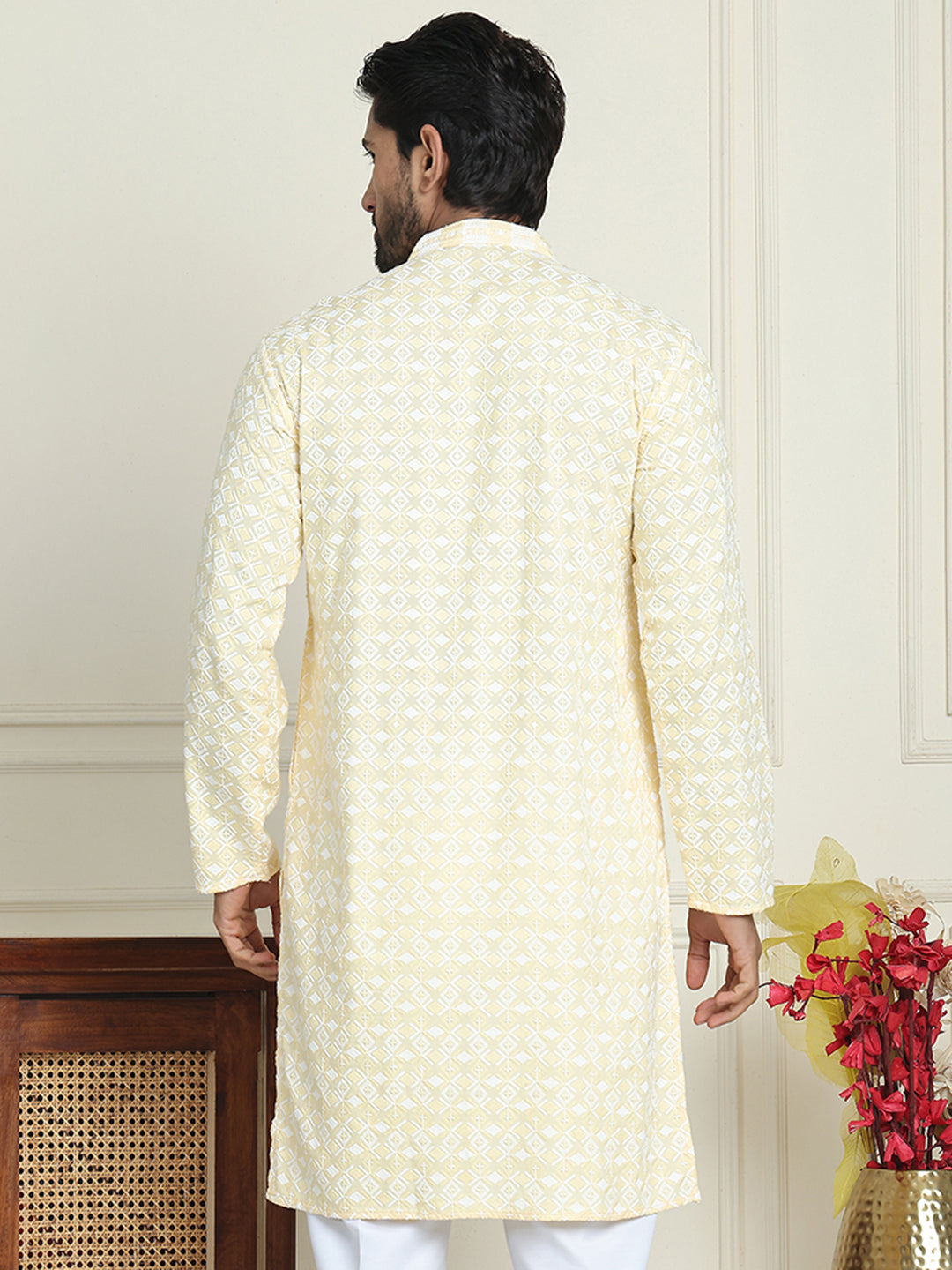 Embroidered and Sequins straight Kurtas for Men ( KO 5157 Yellow )