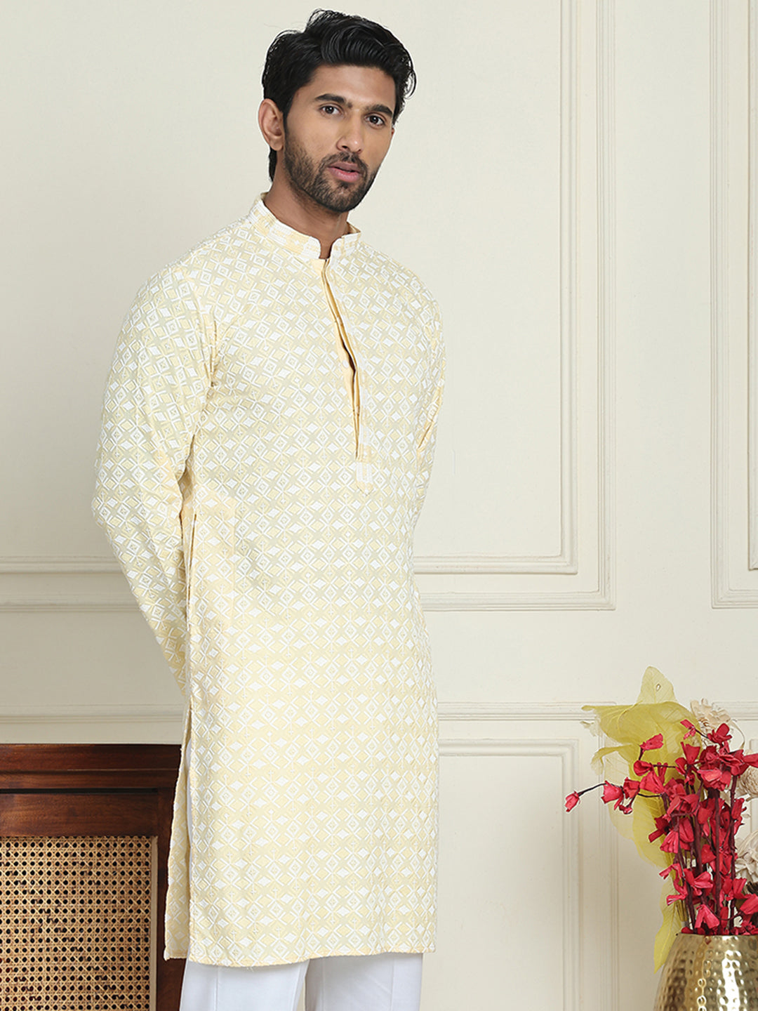 Embroidered and Sequins straight Kurtas for Men ( KO 5157 Yellow )