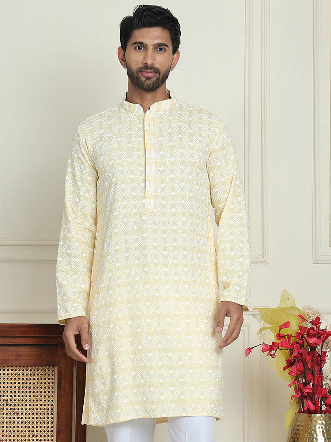 Embroidered and Sequins straight Kurtas for Men ( KO 5157 Yellow )