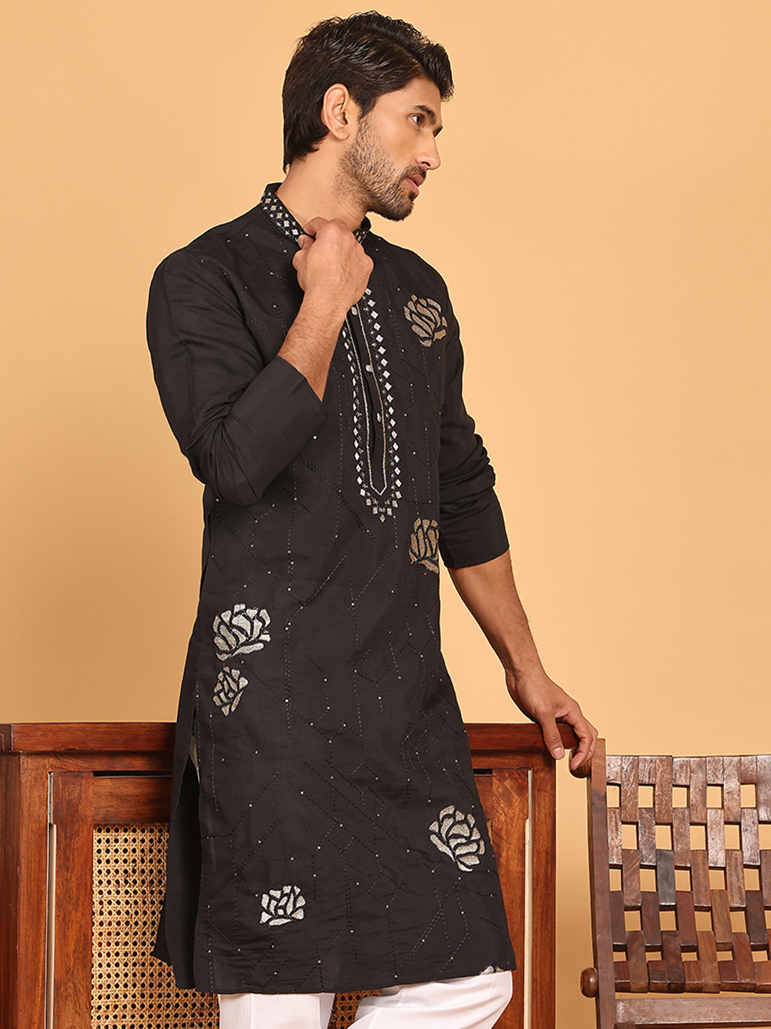 Men's Sequins and Embroidered Kurtas. ( KO 5159 Black )