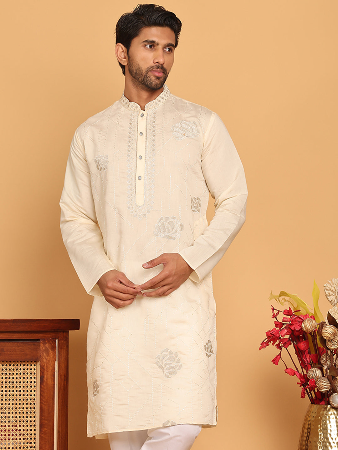 Men's Sequins and Embroidered Kurtas. ( KO 5159 Cream )