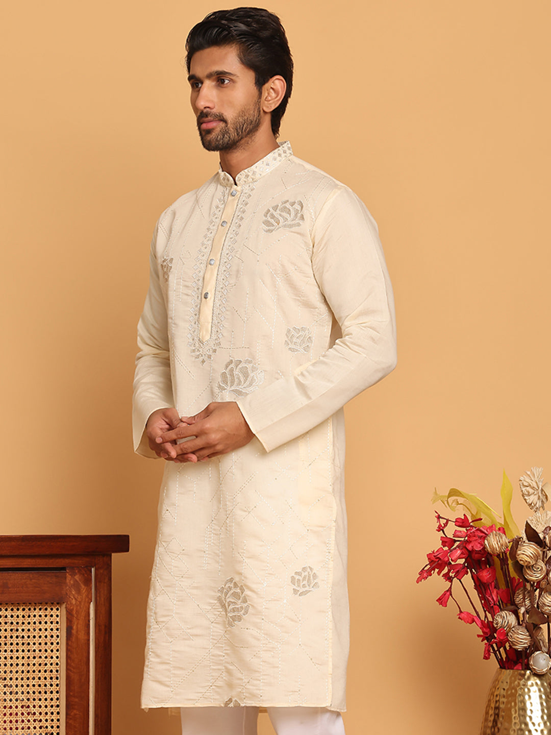 Men's Sequins and Embroidered Kurtas. ( KO 5159 Cream )