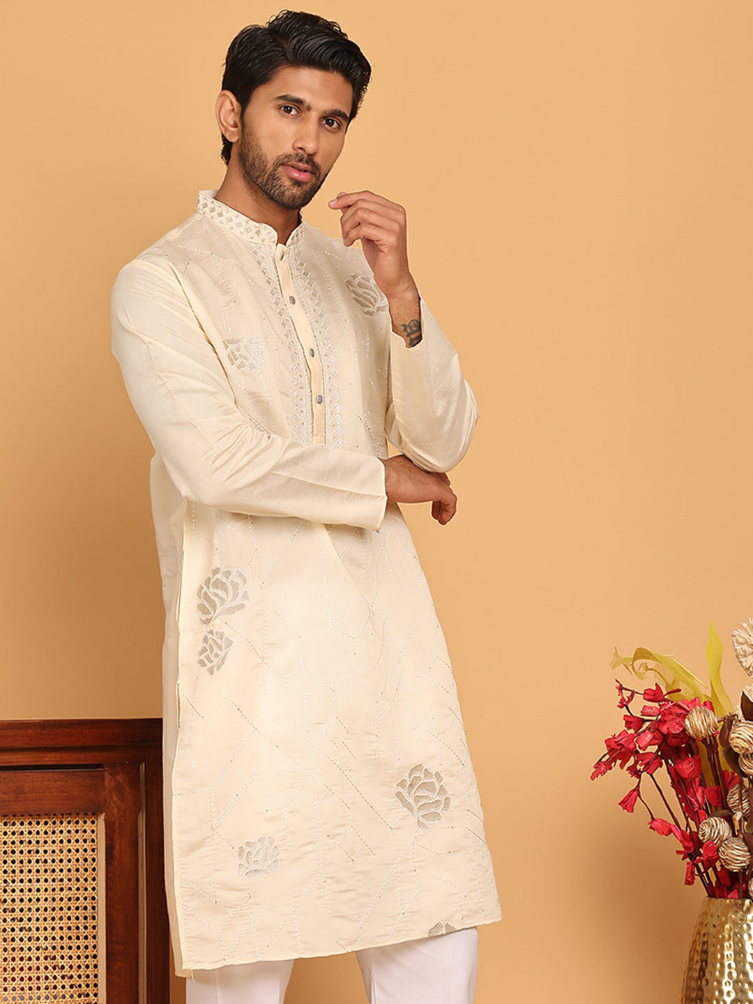 Men's Sequins and Embroidered Kurtas. ( KO 5159 Cream )